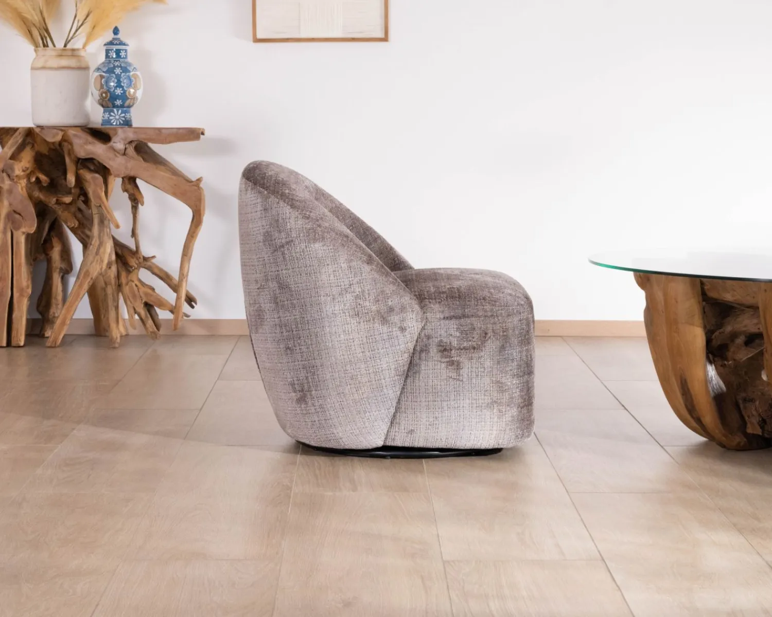 Meuble House Petit fauteuil pivotant esprit chauffeuse contemporaine en tissu bouclette gris cendré "Marylin" Discount