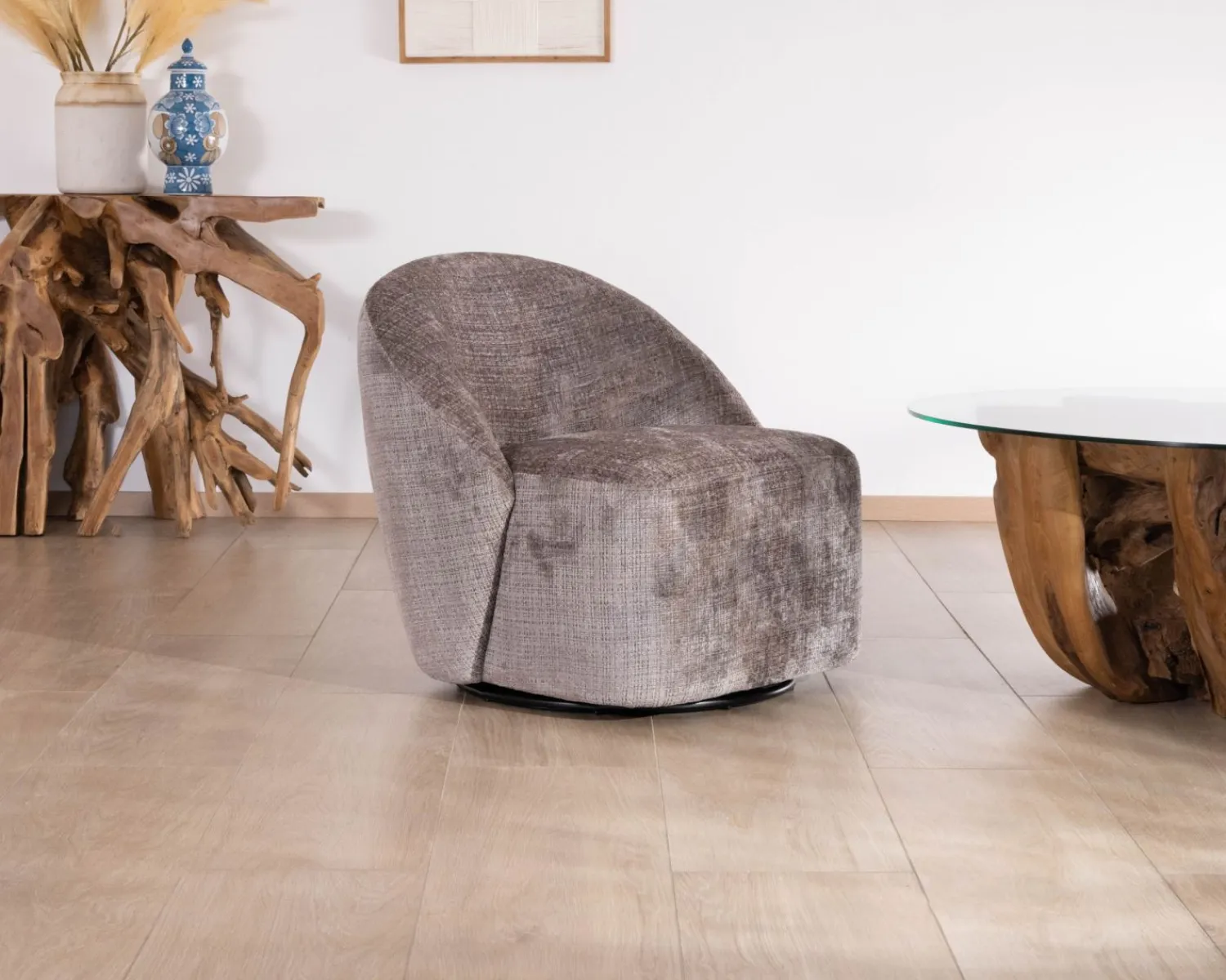 Meuble House Petit fauteuil pivotant esprit chauffeuse contemporaine en tissu bouclette gris cendré "Marylin" Discount