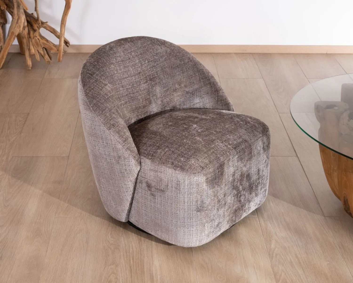 Meuble House Petit fauteuil pivotant esprit chauffeuse contemporaine en tissu bouclette gris cendré "Marylin" Discount