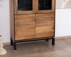 Meuble House Petit vaisselier vitré esprit contemporain "Olonie" en teck naturel, acacia et métal noir New