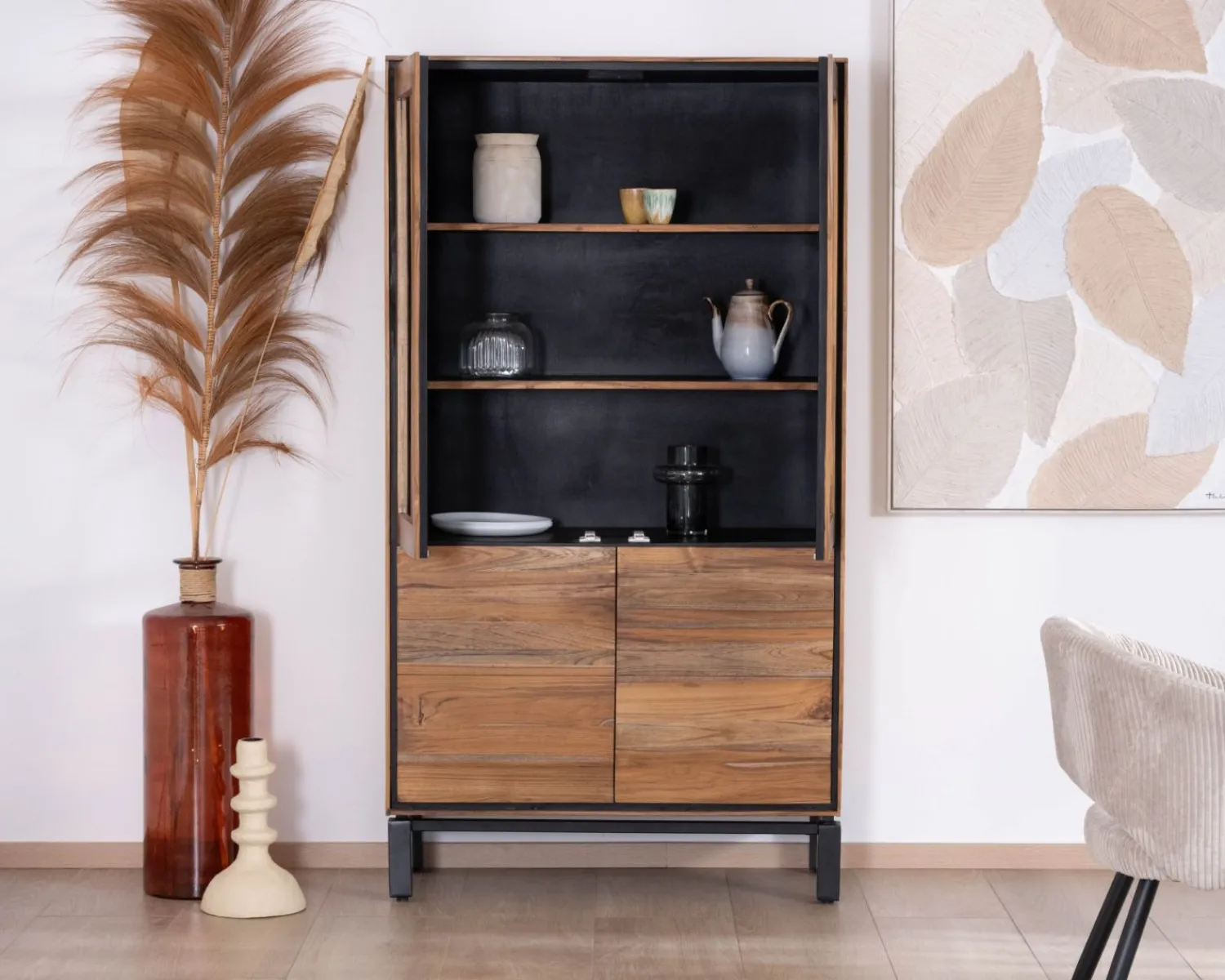 Meuble House Petit vaisselier vitré esprit contemporain "Olonie" en teck naturel, acacia et métal noir New