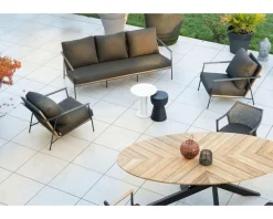 Meuble House Salon de jardin 3 pièces en aluminium, teck et tissu spécial extérieur gris foncé