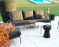 Meuble House Salon de jardin 3 pièces en aluminium, teck et tissu spécial extérieur gris foncé