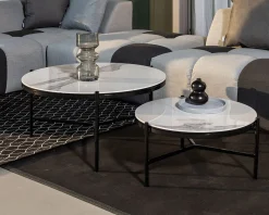 Meuble House Table basse blanche et noire, céramique et alu, diam.80