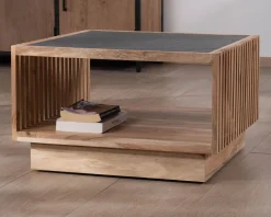 Meuble House Table basse carrée avec plateau en placage pierre et structure bois ajourée "Pikto" Best