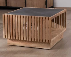 Meuble House Table basse carrée avec plateau en placage pierre et structure bois ajourée 