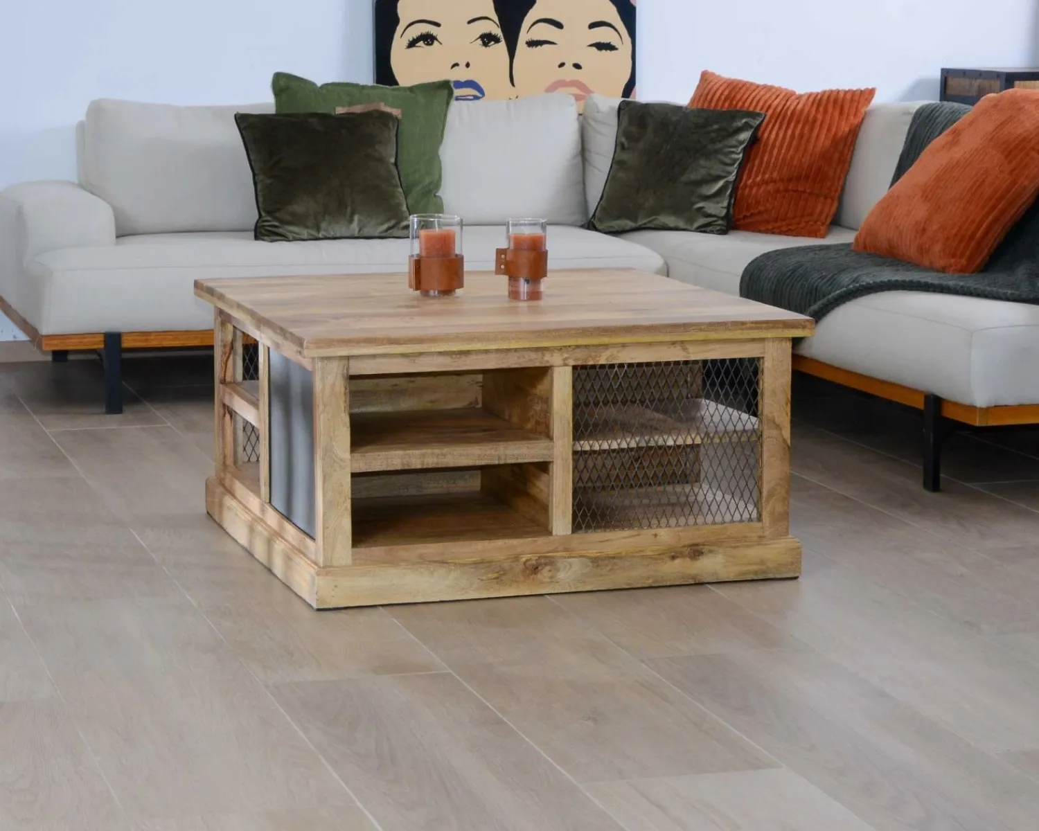 Meuble House Table basse carrée avec rangements en métal et bois "Caractère"