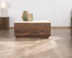 Meuble House Table basse carrée 100 cm en bois recyclé et plateau marbre blanc "Mood"