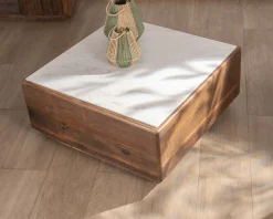 Meuble House Table basse carrée 100 cm en bois recyclé et plateau marbre blanc 