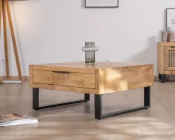 Meuble House Table basse carrée 80 cm en manguier et pieds métal