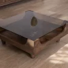 Meuble House Table basse carrée design vintage en manguier avec plateau verre "Slody" Sale