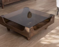 Meuble House Table basse carrée design vintage en manguier avec plateau verre "Slody" Sale