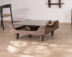 Meuble House Table basse carrée design vintage en manguier avec plateau verre "Slody" Sale