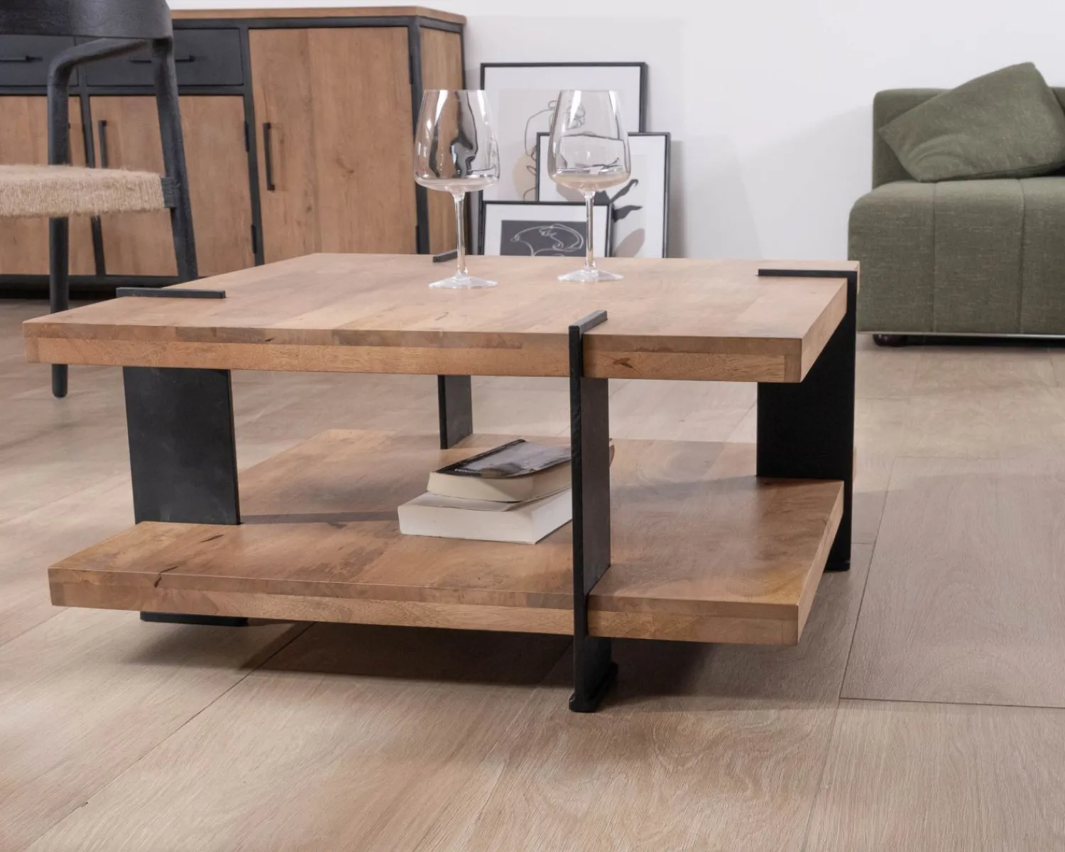 Meuble House Table basse design avec double plateau carré en bois et pieds métal "Marla" New
