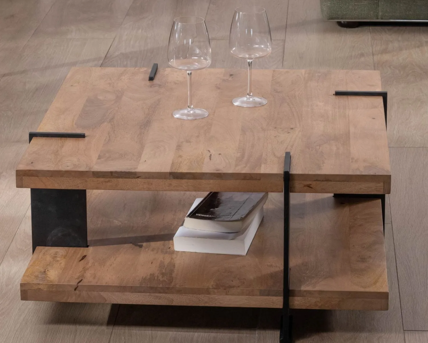 Meuble House Table basse design avec double plateau carré en bois et pieds métal "Marla" New