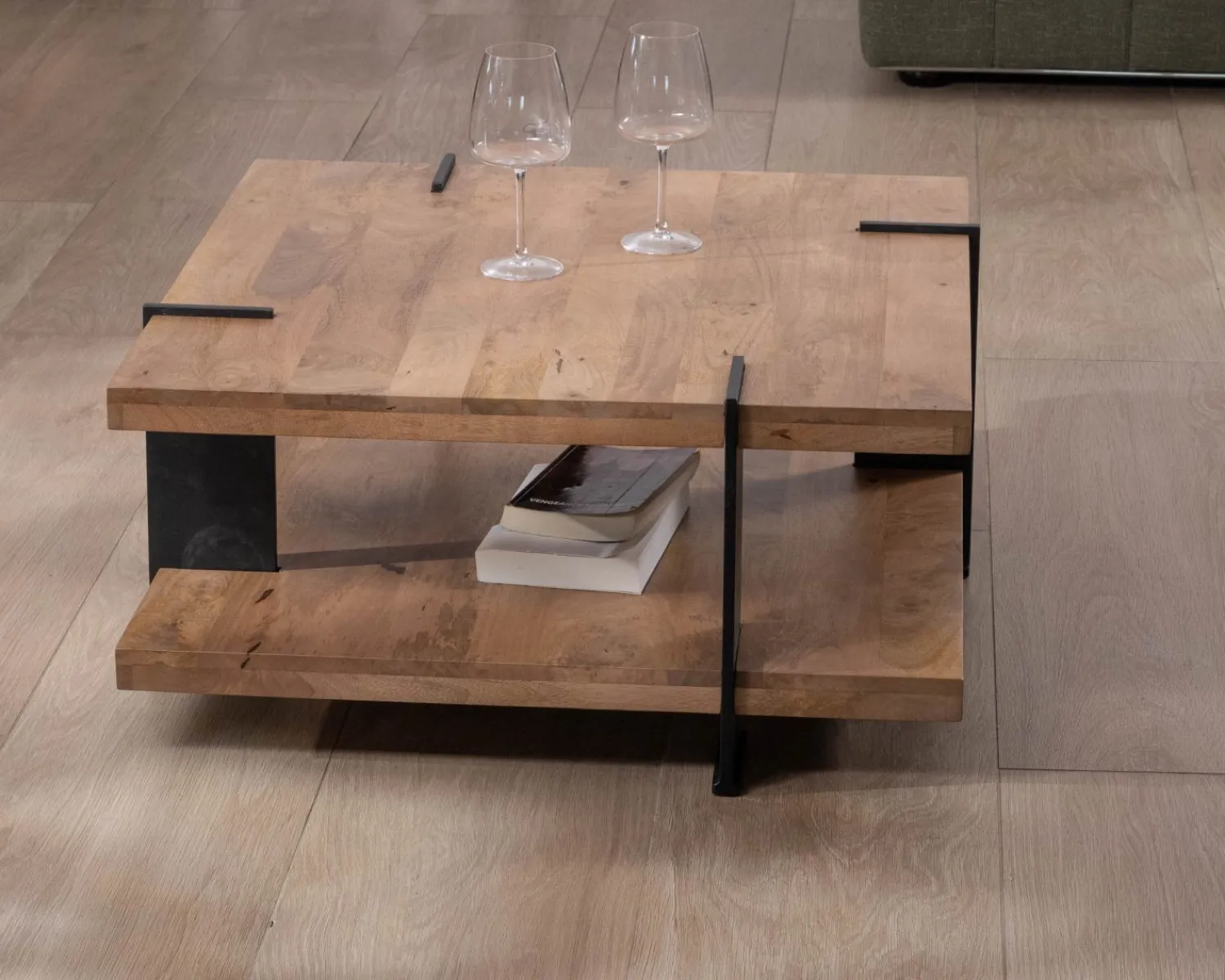 Meuble House Table basse design avec double plateau carré en bois et pieds métal "Marla" New