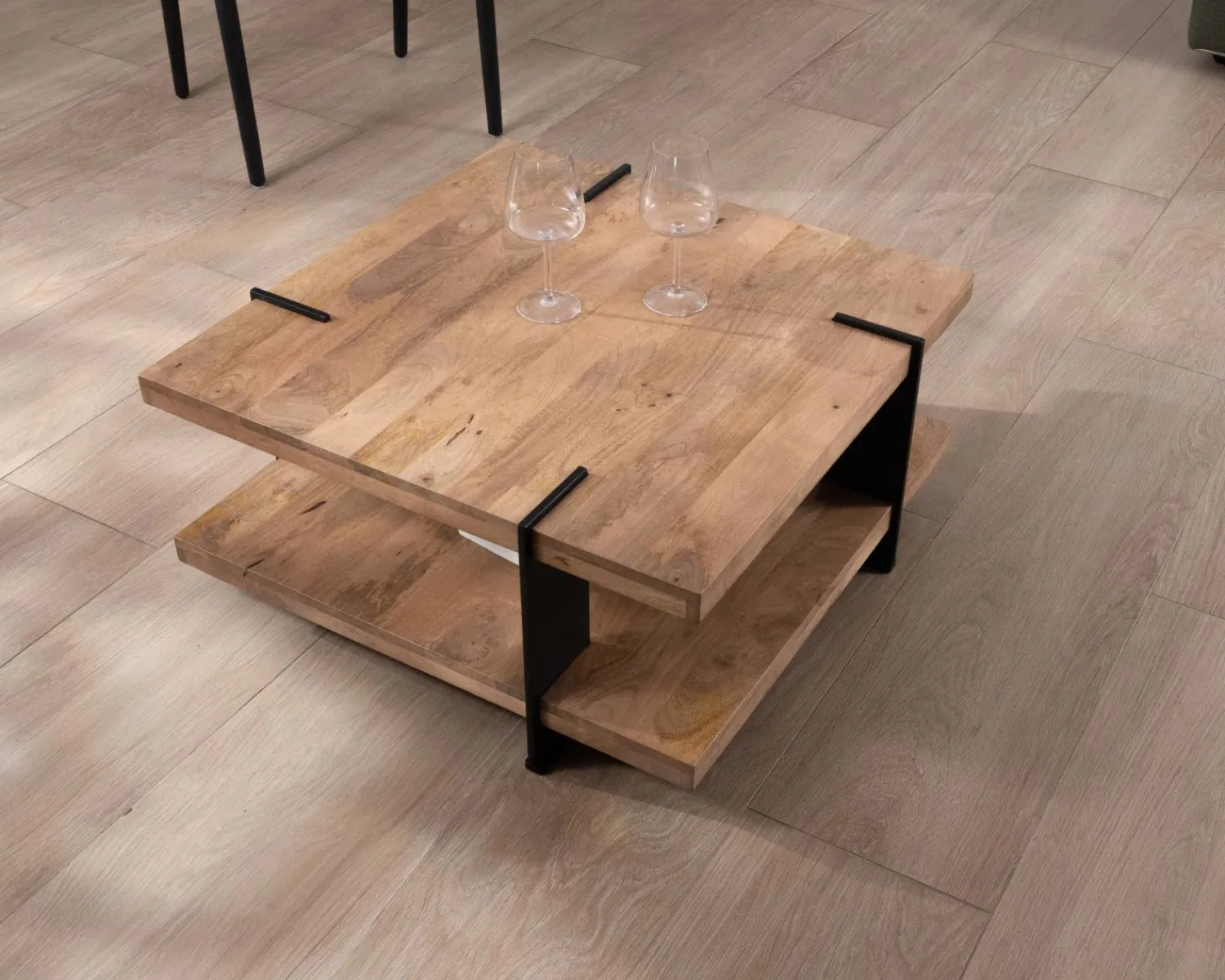 Meuble House Table basse design avec double plateau carré en bois et pieds métal "Marla" New