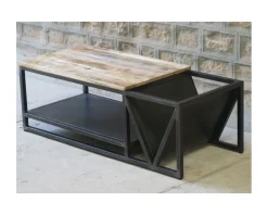 Meuble House Table basse design industriel en métal et bois massif "Caractère" New