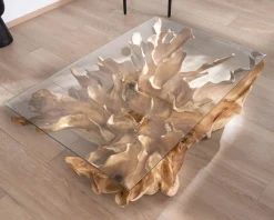 Meuble House Table basse en racine de teck naturel avec plateau verre rectangulaire "Jungle"