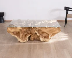 Meuble House Table basse en racine de teck naturel avec plateau verre rectangulaire 