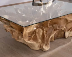 Meuble House Table basse en racine de teck naturel avec plateau verre rectangulaire 