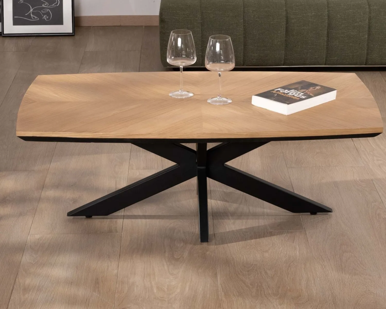 Meuble House Table basse plateau placage chêne clair pied étoile métal noir "Toledo" New