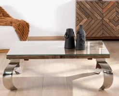 Meuble House Table basse rectangulaire bois recyclé rustique, plateau verre et pieds design métal brillant opium 