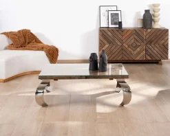 Meuble House Table basse rectangulaire bois recyclé rustique, plateau verre et pieds design métal brillant opium 
