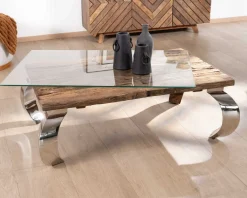 Meuble House Table basse rectangulaire bois recyclé rustique, plateau verre et pieds design métal brillant opium 