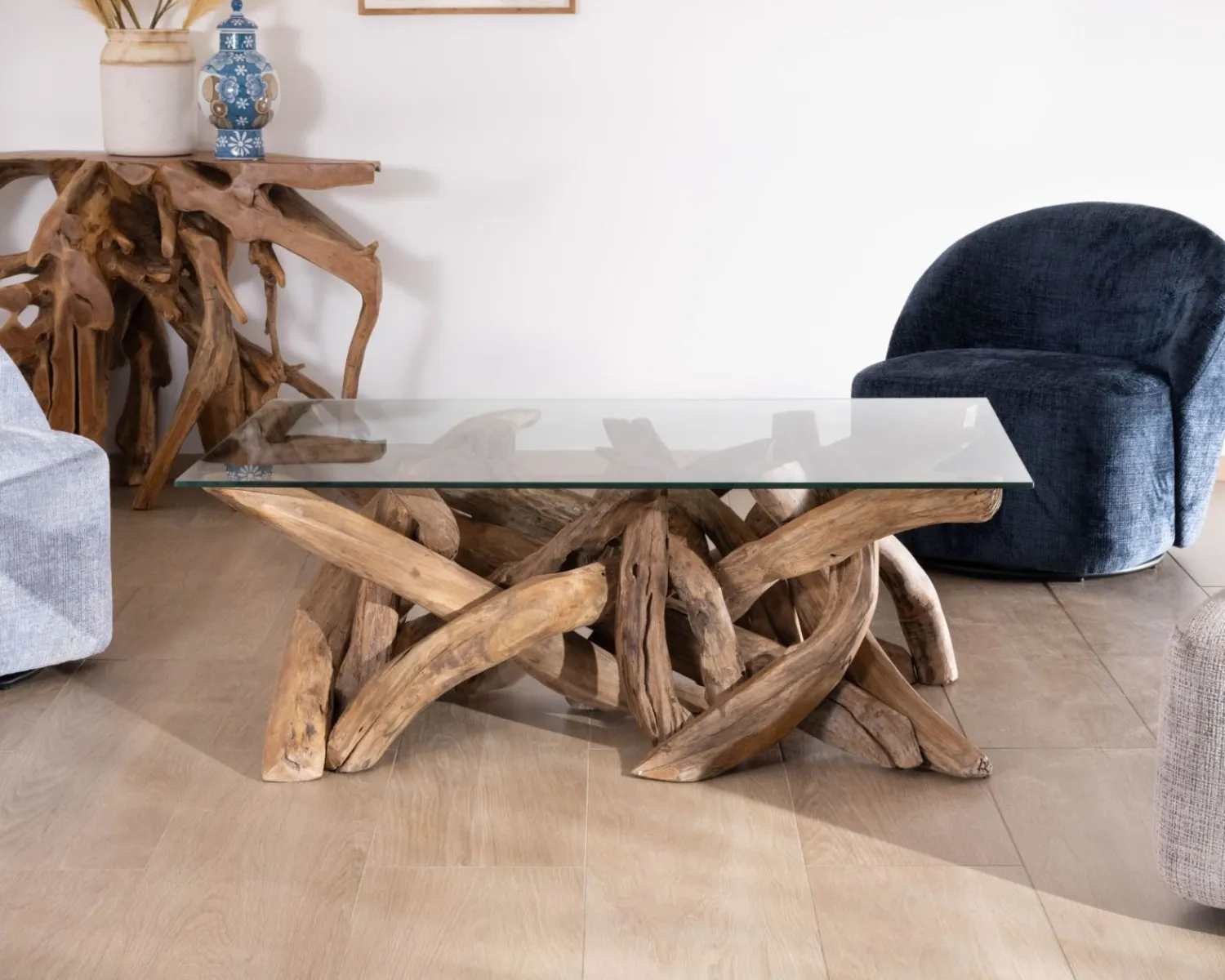 Meuble House Table basse rectangulaire 120 cm en bois de teck recyclé avec plateau en verre "Kanoa" Hot