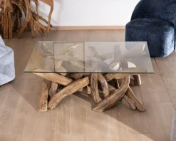 Meuble House Table basse rectangulaire 120 cm en bois de teck recyclé avec plateau en verre "Kanoa" Hot