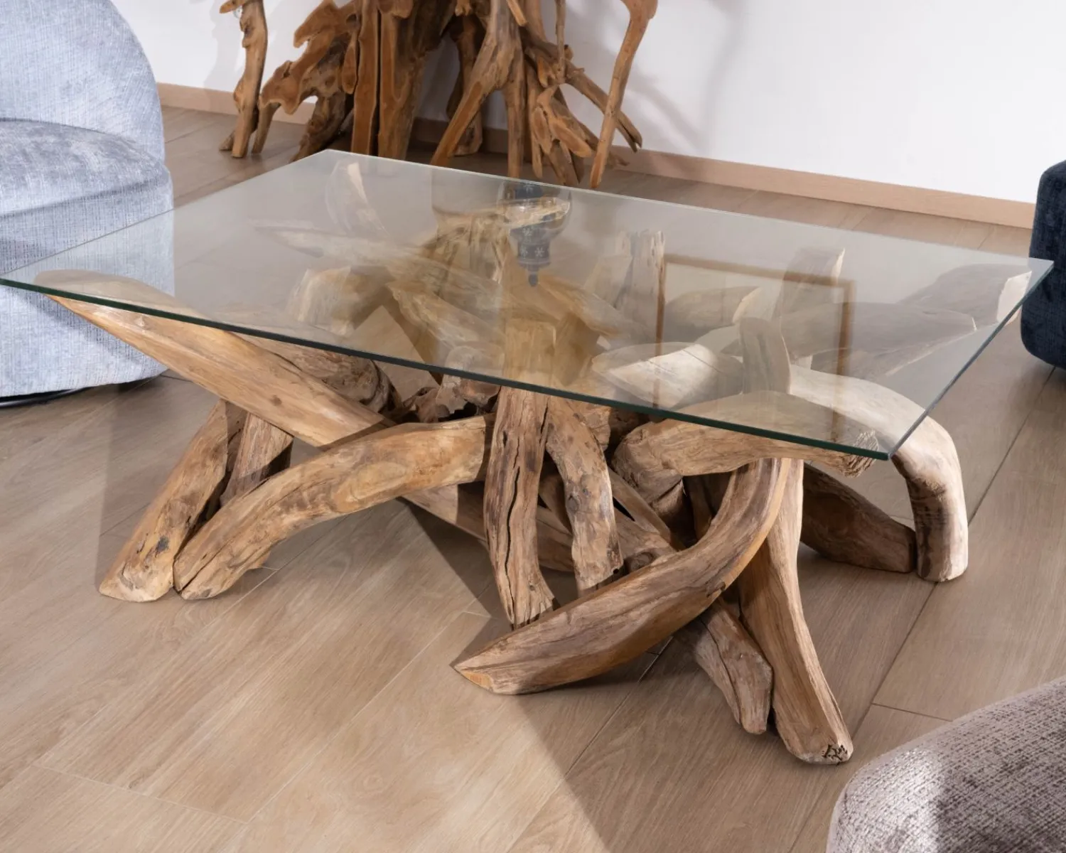 Meuble House Table basse rectangulaire 120 cm en bois de teck recyclé avec plateau en verre "Kanoa" Hot