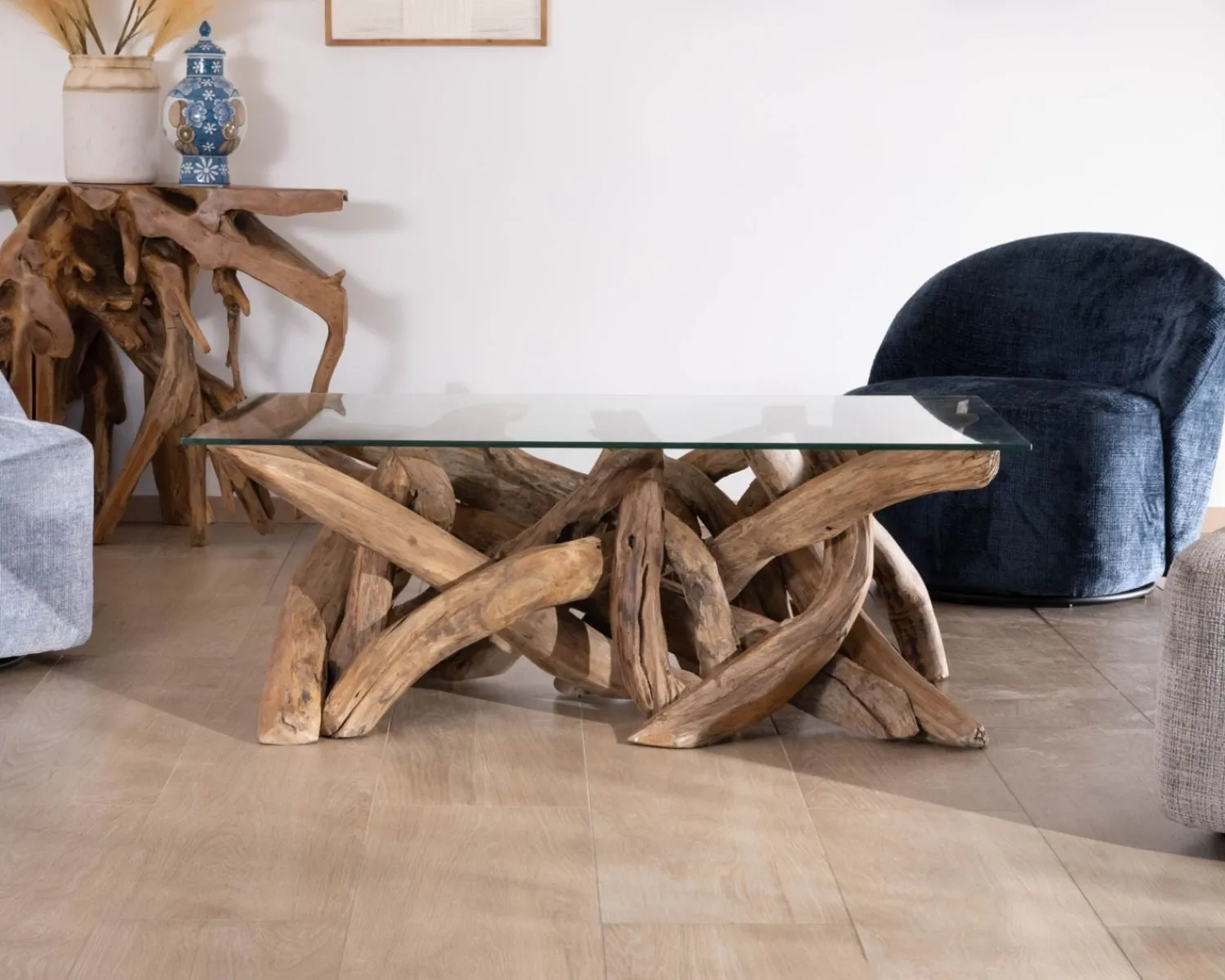 Meuble House Table basse rectangulaire 120 cm en bois de teck recyclé avec plateau en verre "Kanoa" Hot