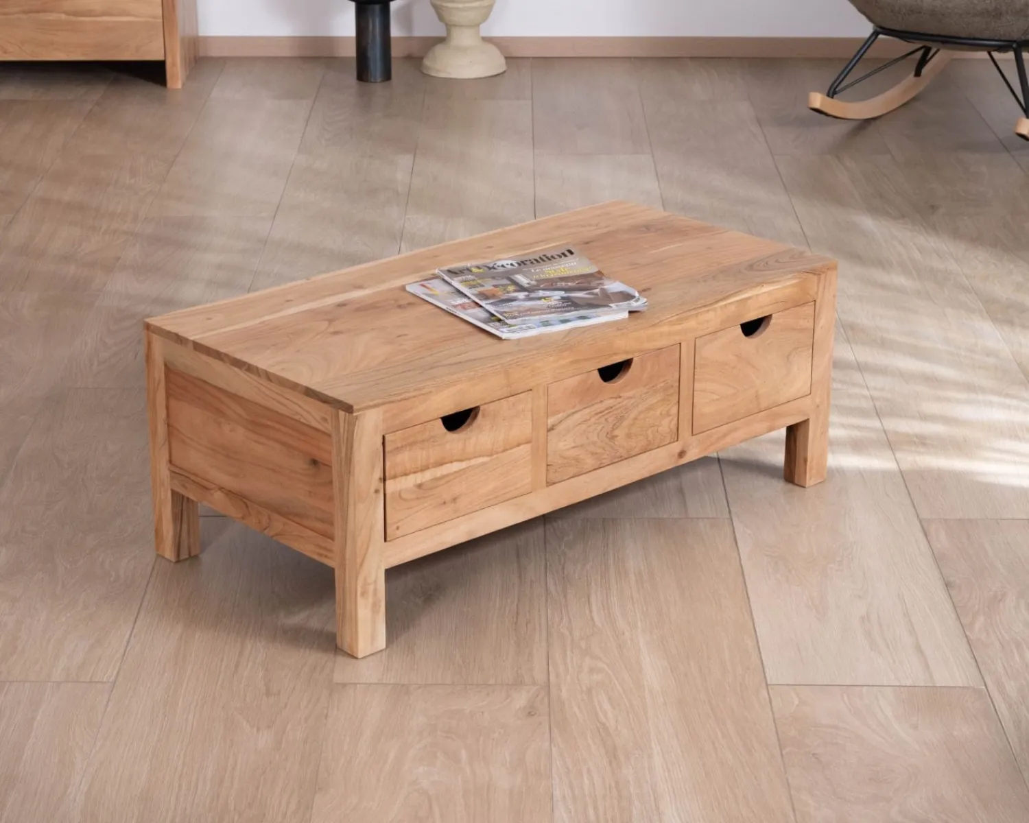 Meuble House Table basse rectangulaire en acacia massif " Nüma" 100 cm avec tiroirs Hot