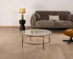 Meuble House Table basse ronde 90 cm en laiton doré et plateau verre 