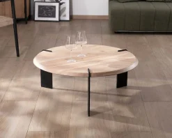 Meuble House Table basse ronde design en acacia et 3 pieds métal noir 