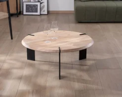Meuble House Table basse ronde design en acacia et 3 pieds métal noir 