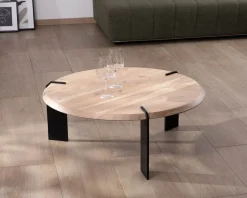 Meuble House Table basse ronde design en acacia et 3 pieds métal noir 