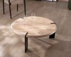 Meuble House Table basse ronde design en acacia et 3 pieds métal noir 