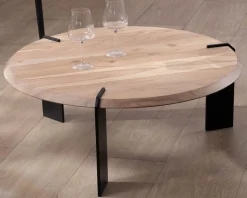 Meuble House Table basse ronde design en acacia et 3 pieds métal noir 