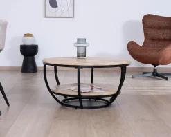 Meuble House Table basse ronde double plateau en manguier massif et structure métal noir "Loopie" Online