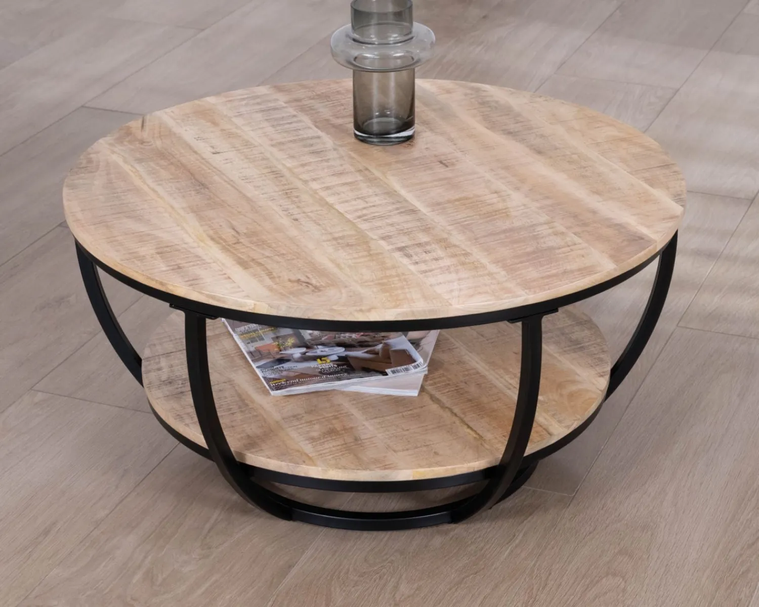 Meuble House Table basse ronde double plateau en manguier massif et structure métal noir "Loopie" Online