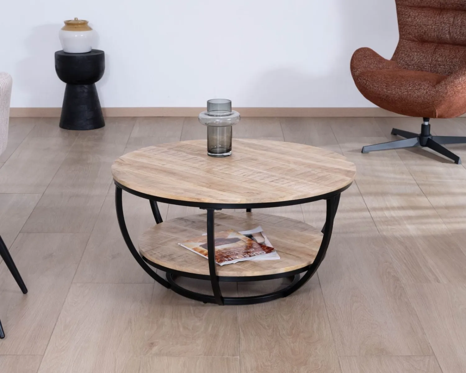 Meuble House Table basse ronde double plateau en manguier massif et structure métal noir "Loopie" Online