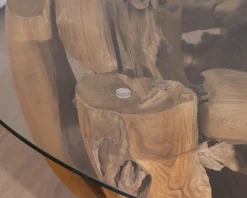 Meuble House Table basse ronde en bois de teck flotté et plateau verre 