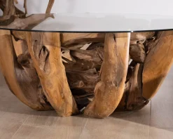 Meuble House Table basse ronde en bois de teck flotté et plateau verre 