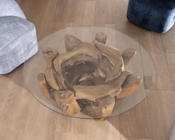 Meuble House Table basse ronde en bois de teck flotté et plateau verre 