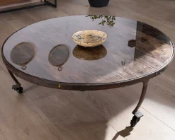 Meuble House Table basse ronde en bois recyclé et plateau verre avec pieds métal 