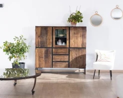 Meuble House Table basse ronde en bois recyclé et plateau verre avec pieds métal 