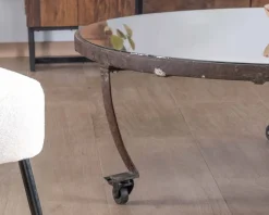 Meuble House Table basse ronde en bois recyclé et plateau verre avec pieds métal 