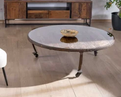 Meuble House Table basse ronde en bois recyclé et plateau verre avec pieds métal 